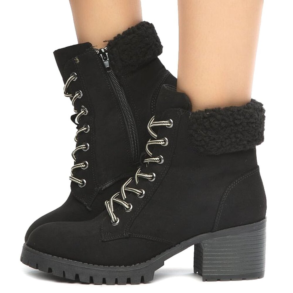 Bamboo Sherpa Cuffed Mucker Combat Ankle Boots | Faux Suede Lace-Up Booties